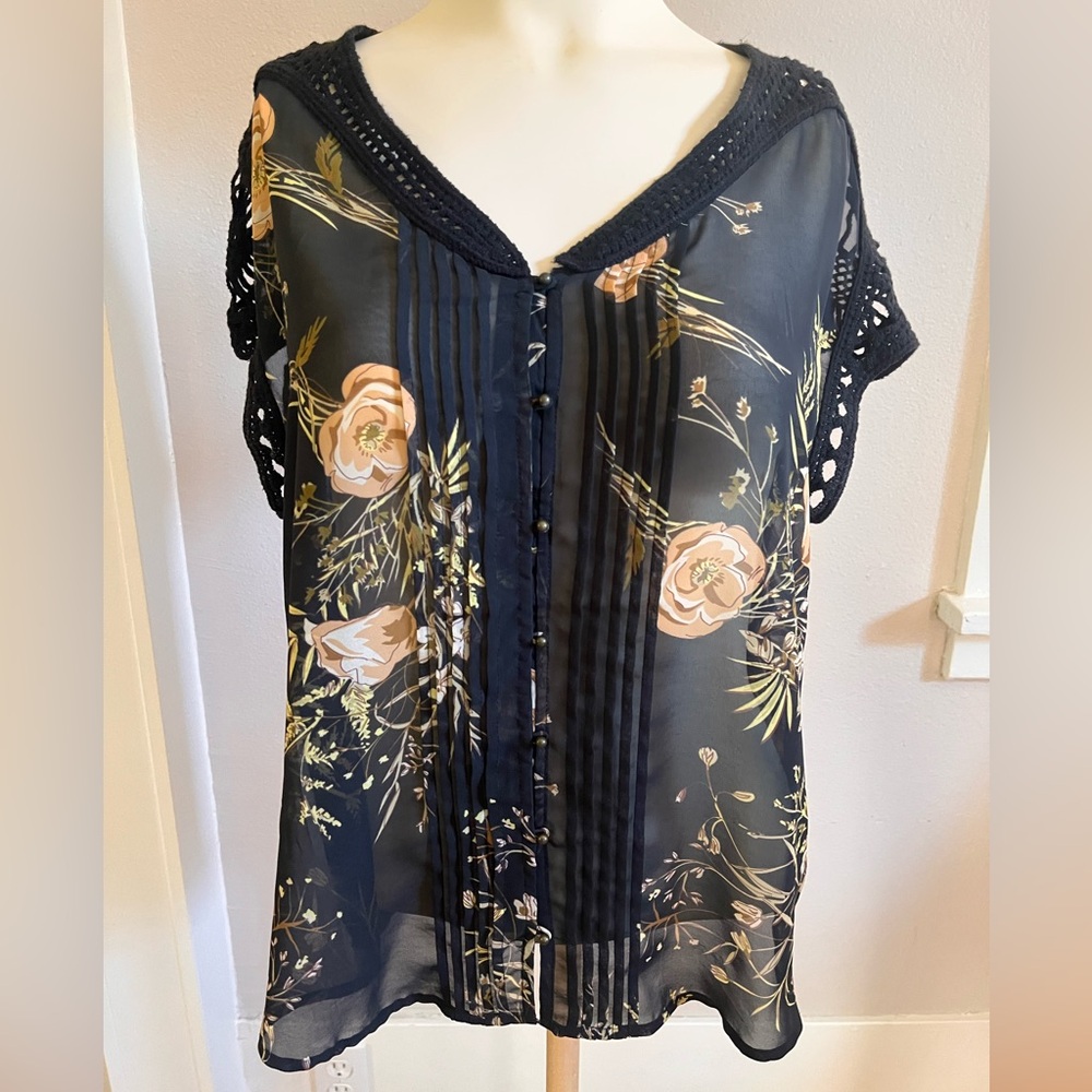 Meadow Rue Anthropologie Black Floral Sheer Blouse